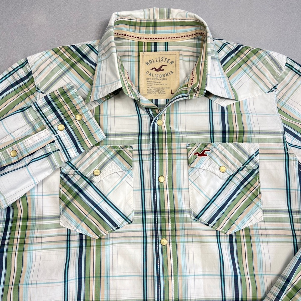 Hollister Y2K Mens Pearl Snap Western Shirt Large Green Plaid Long Sleeve Retro